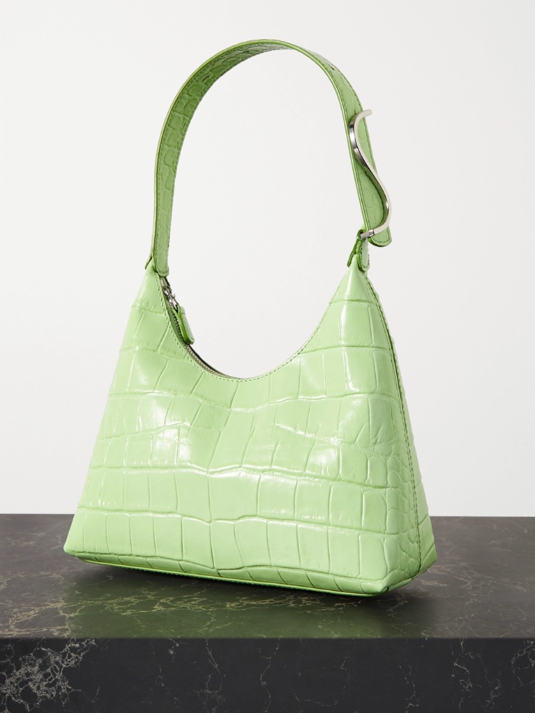 Staud Embossed Green Leather Croc-Effect Scotty Shoulder Bag Women's Handbag
